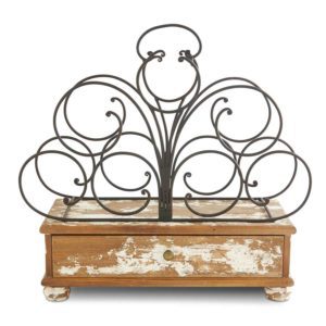 Metal Scroll Wine Rack with Distressed Wooden Drawer