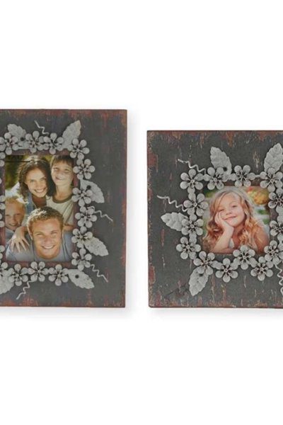 Gray Wood Photo Frames with Metal Flower Detail in 2 Sizes