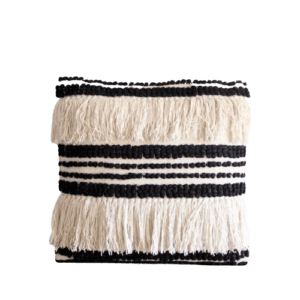 Black & Cream Handwoven Throw Pillow with Fringe