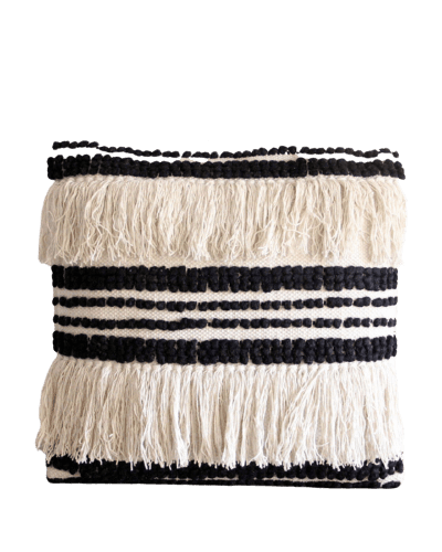 Black & Cream Handwoven Throw Pillow with Fringe