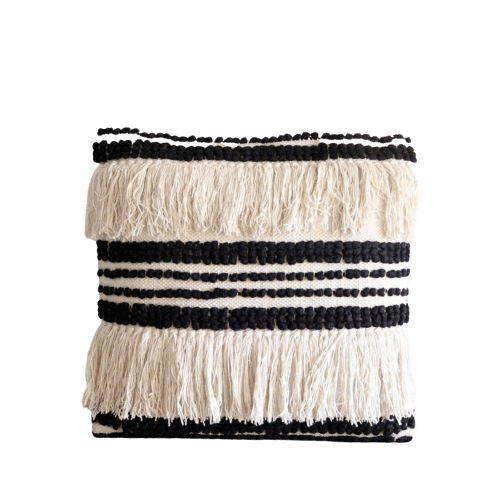 Black & Cream Handwoven Throw Pillow with Fringe