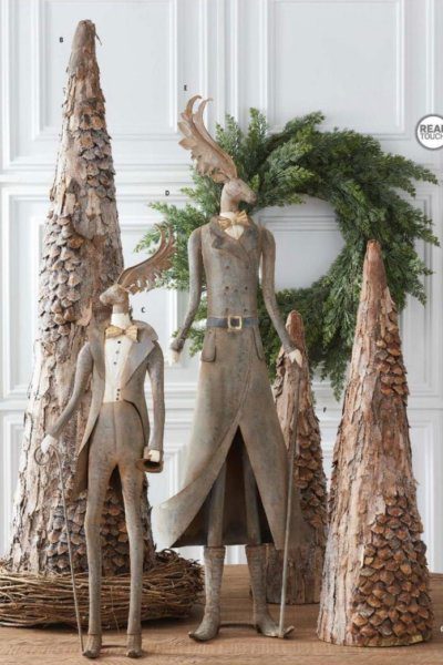 Distressed Metal Deer Men with Walking Sticks