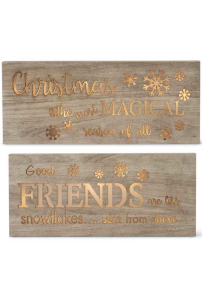 Set of 2 Wooden Christmas LED Light Up Signs Wall Decor