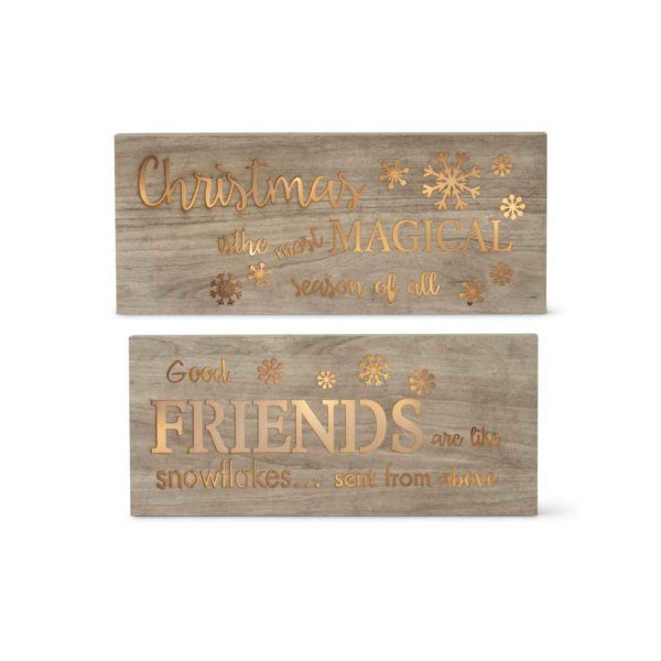 Set of 2 Wooden Christmas LED Light Up Signs Wall Decor