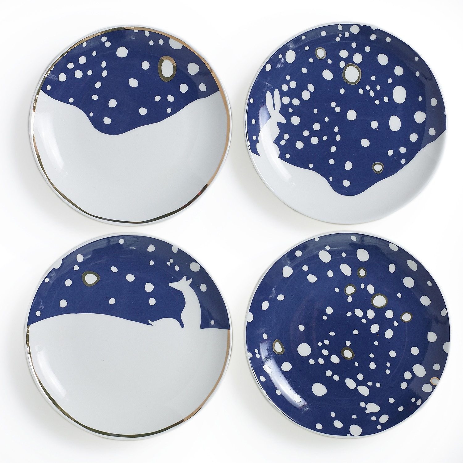 Set of 4 Eric + Eloise Snowy Plates in Navy, White & Gold