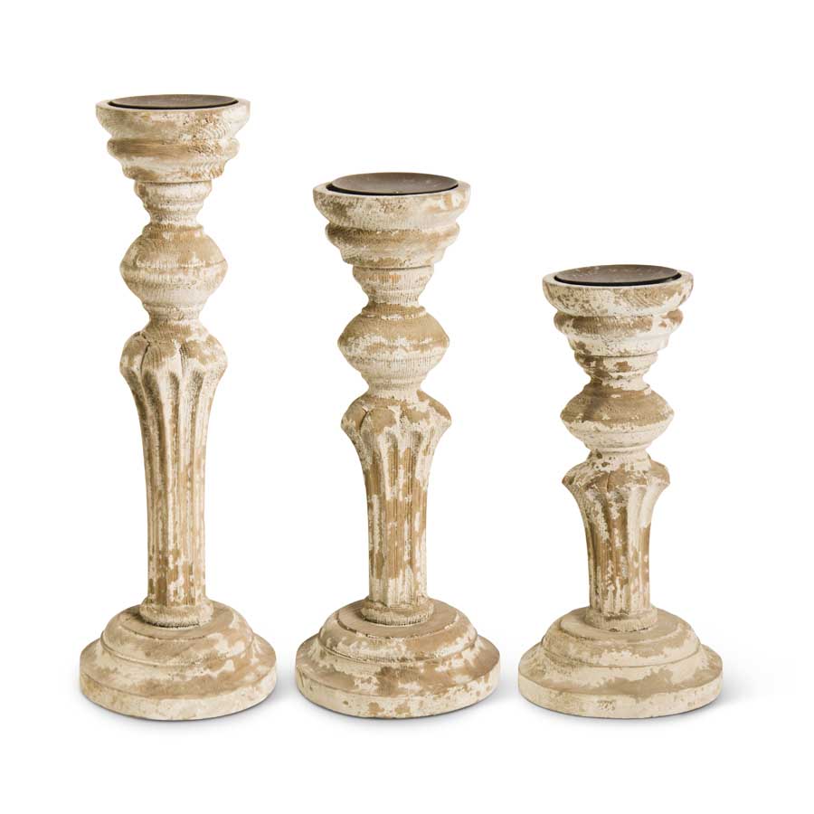 Distressed Wood Column Candleholders, Set of 3