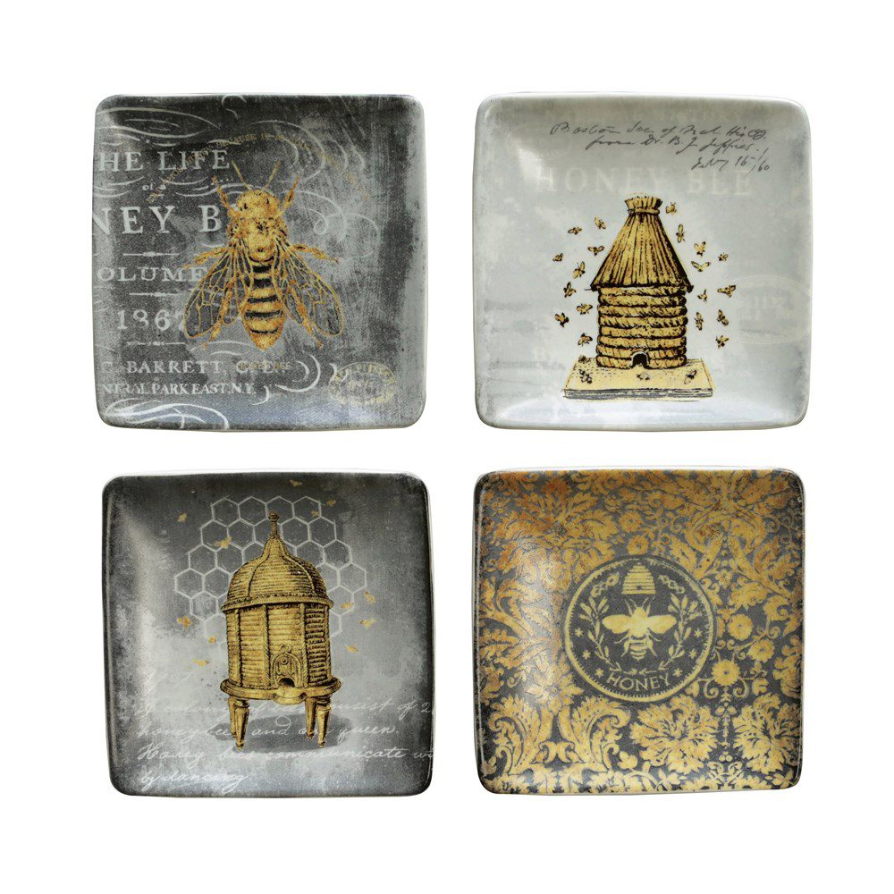 Bee Stoneware Square Plates, Set of 4