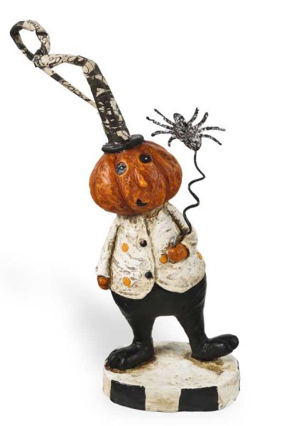 6" Resin Pumpkin Man Holding Black Spider