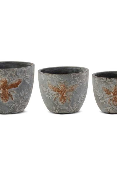 Small Weathered Gray Cement Pots with Embossed Bees, Set of 3