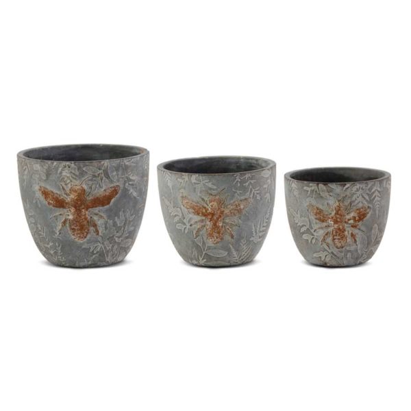 Small Weathered Gray Cement Pots with Embossed Bees, Set of 3
