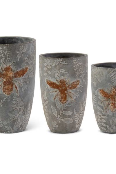 Tall Weathered Gray Cement Pots with Embossed Bees Set of 3