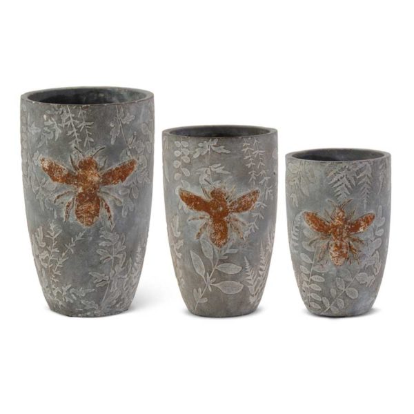 Tall Weathered Gray Cement Pots with Embossed Bees Set of 3
