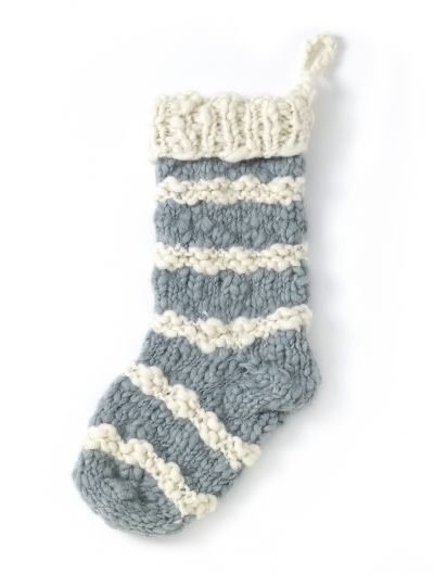 Grey and Cream Striped Hand Knit Stocking