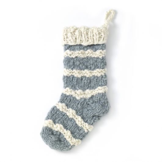 Grey and Cream Striped Hand Knit Stocking