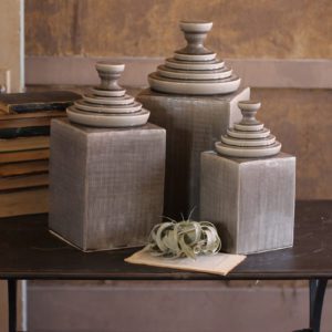 Grey Textured Ceramic Canisters with Pyramid Tops