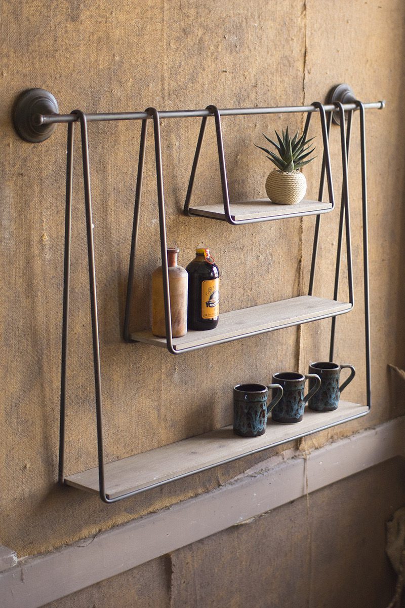 wood and metal triple hanging shelf