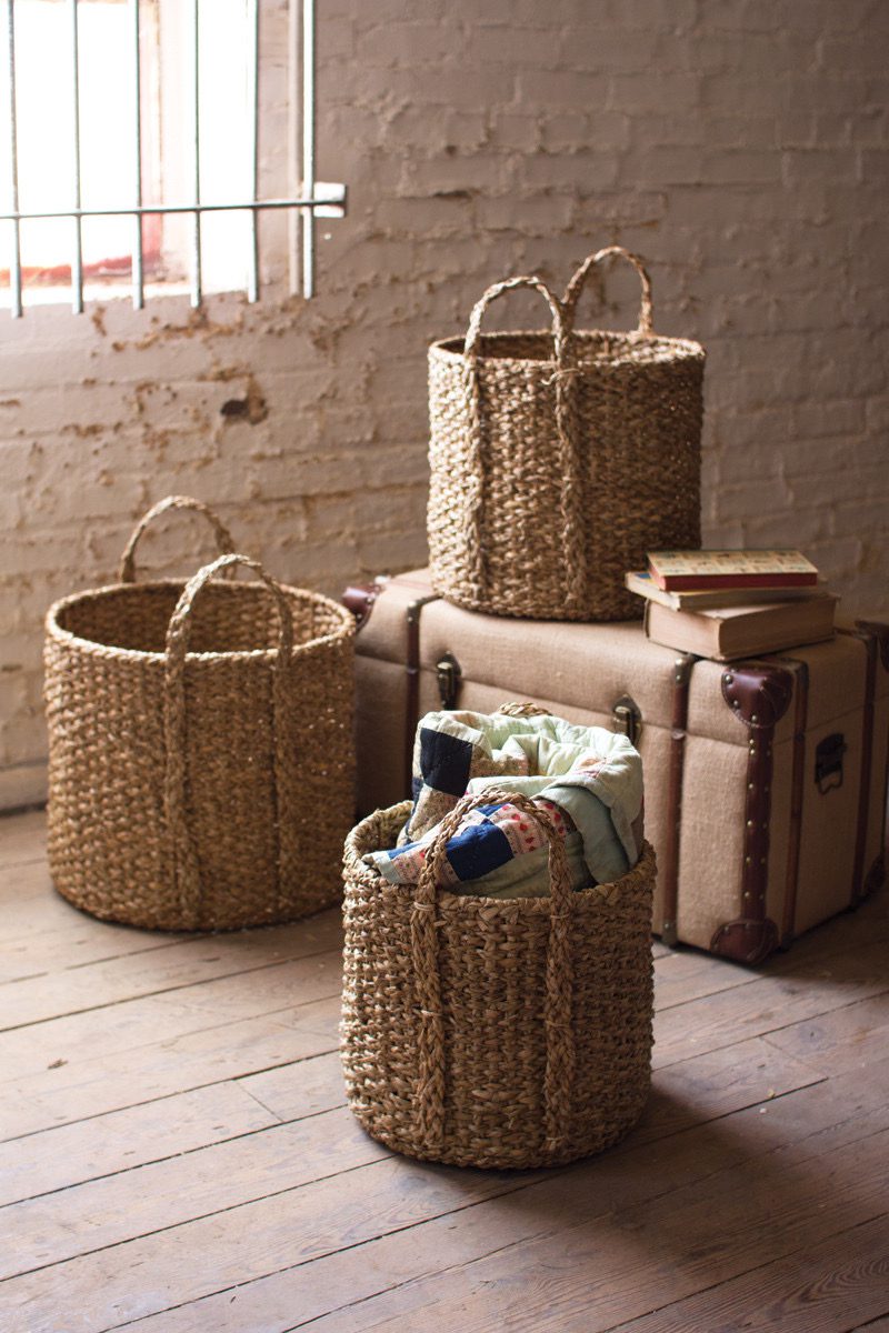 Round Braided Seagrass Storage Baskets with Handles