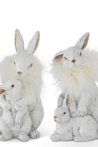 White Resin Rabbit and Bunnies with Feather Collar