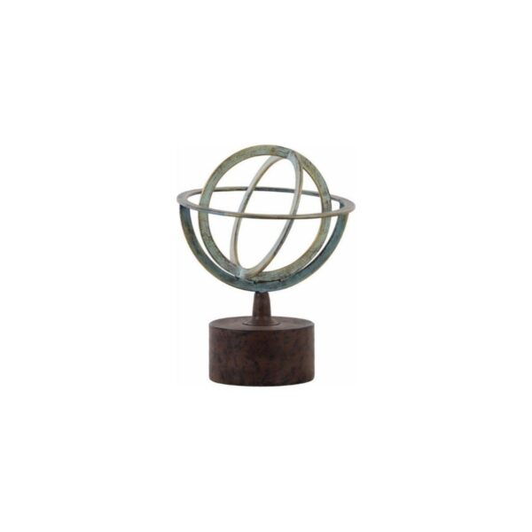 Small Metal Orb Dyson Sphere on Base, Distressed Finish Light Blue