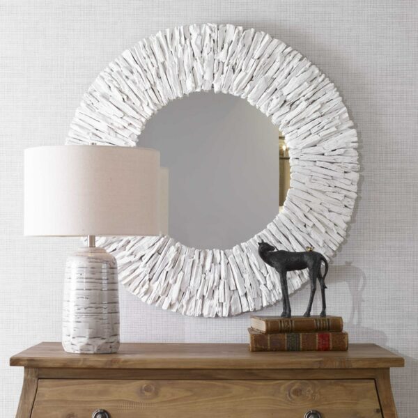 uttermost white teak branch round mirror