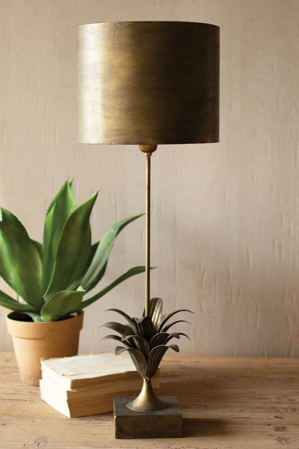 Antique Gold Metal Table Lamp with Leaf Accent and Metal Shade