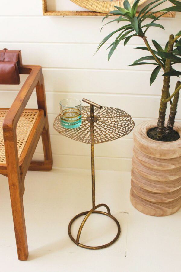 Antique Brass Perforated Leaf Accent Table