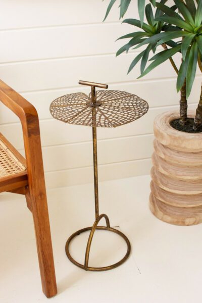 Antique Brass Perforated Leaf Accent Table