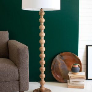 Carved Wooden Floor Lamp with Off White Barrel Shade
