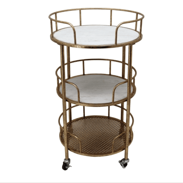 Three-Tier Metal Gold and White Round Bar Cart