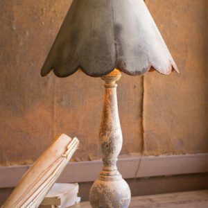 Wood Base and Rustic Scalloped Metal Shade Table Lamp