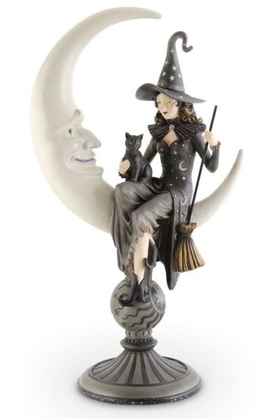 20.5" Crescent Moon with Sitting Witch and Black Cat on Pedestal