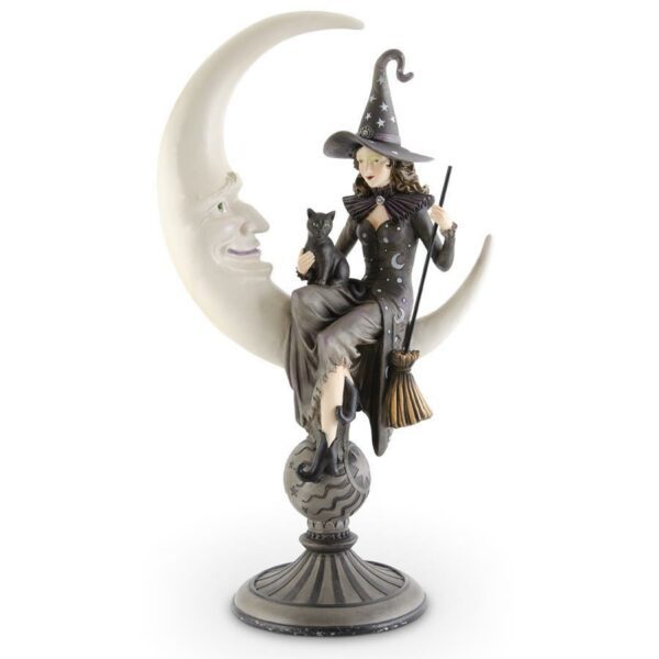 20.5" Crescent Moon with Sitting Witch and Black Cat on Pedestal