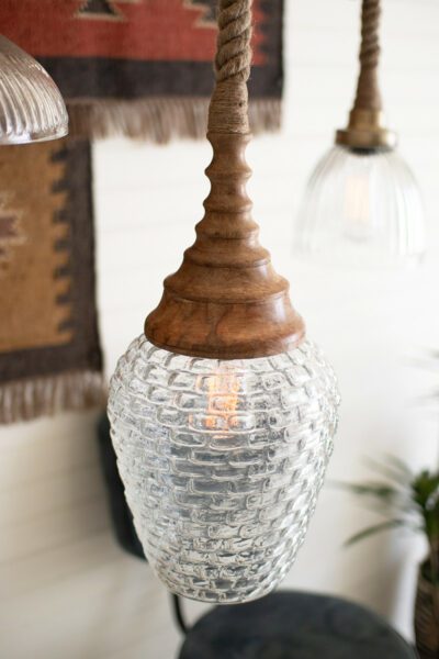 Clear Glass and Mango Wood Pendant Light with Rope