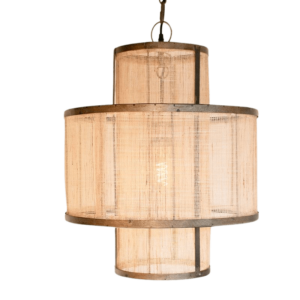 Round Double Layered Woven Fiber and Metal Pendant Light