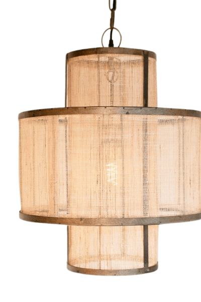 Round Double Layered Woven Fiber and Metal Pendant Light