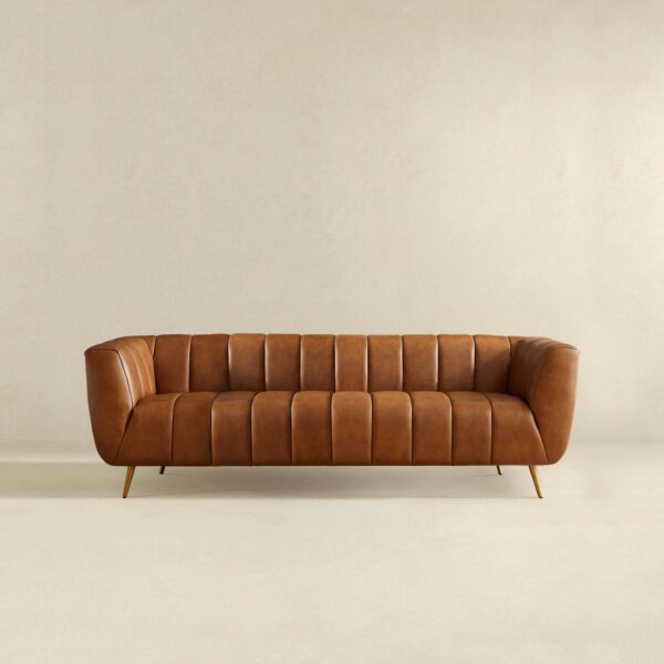 Ava Italian Tan Leather Channel Sofa