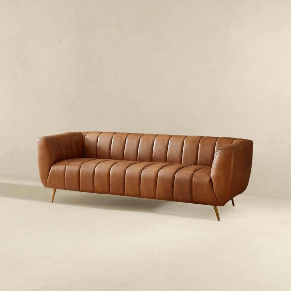 Ava Italian Tan Leather Channel Sofa