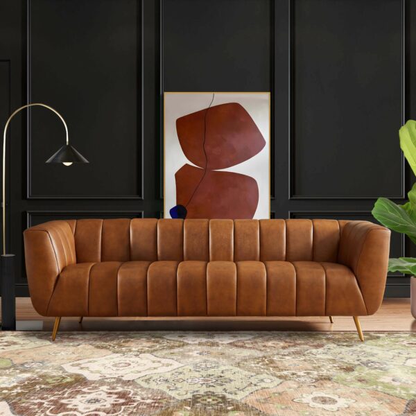 Ava Italian Tan Leather Channel Sofa