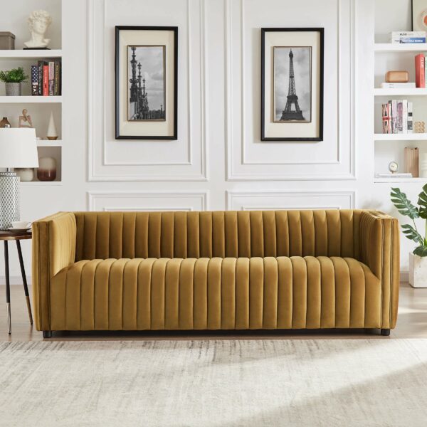 Dominic Channel Tufted Dark Yellow Velvet Sofa scaled