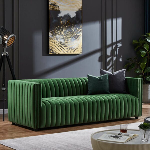 Dominic Channel Tufted Green Velvet Sofa