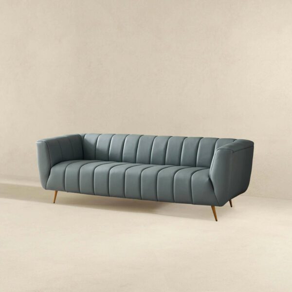 LaMattina Italian Blue Leather Channel Tufted Sofa