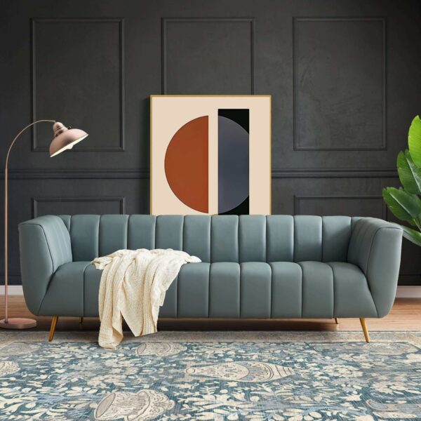 LaMattina Italian Blue Leather Channel Tufted Sofa