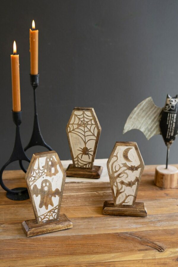 Carved Wooden Halloween Coffin Scenes