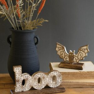 Carved Wooden Halloween Tabletop Boo and Bat