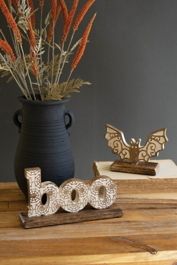 Carved Wooden Halloween Tabletop Boo and Bat