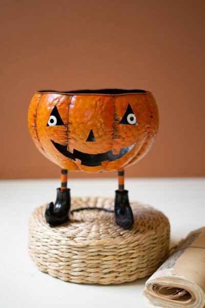 Painted Metal Halloween Jack-O-Lantern Bowl