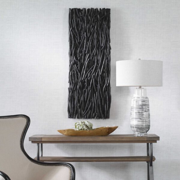 Tall Black Gathered Teak Wood Wall Decor