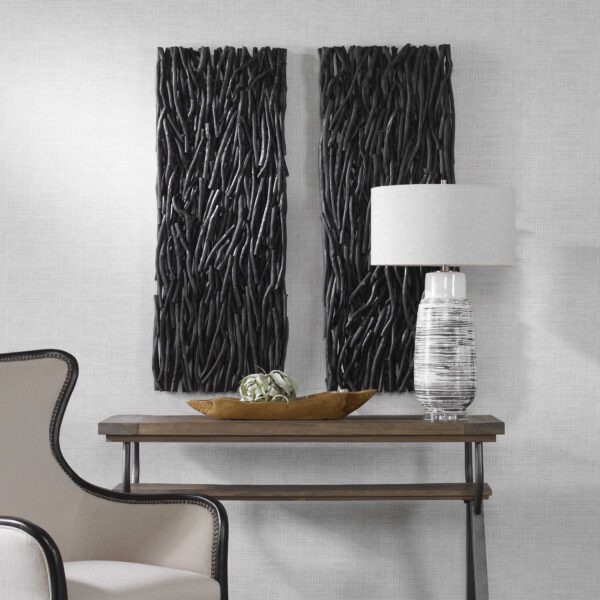 Tall Black Gathered Teak Wood Wall Decor