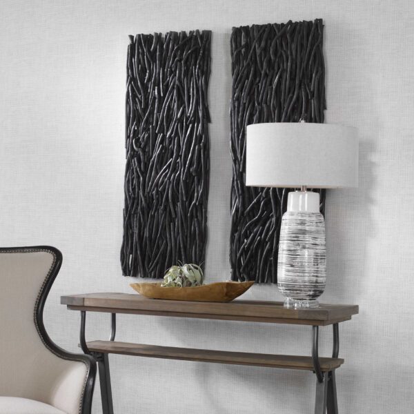 Tall Black Gathered Teak Wood Wall Decor