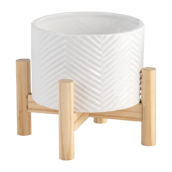 Ceramic Chevron Planter with Wood Stand